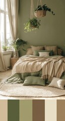 Serene bedroom with natural tones and greenery
