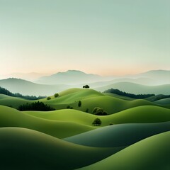 Peaceful rolling countryside with verdant hills and meadows  long title Serene landscape of