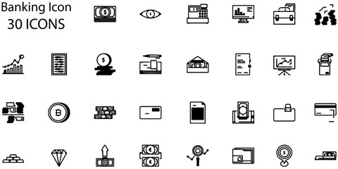 Banking Icons Vector Set. 30 Finance, Money, Crypto, and Investment Line Icons.