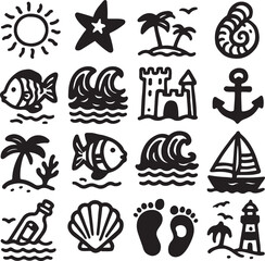 Whimsical coastal hand drawn icon collection silhouette design vector art illustration 