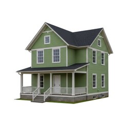 Green two story house with porch and dark roof isolated on white background