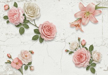 Elegant Floral Arrangement Pink Roses and Lilies on Textured Background