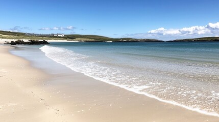 Serene Coastal Scene Sandy Beach Gentle Waves and Distant Shore