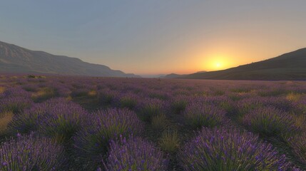 Serene Sunset over Lavender Field in Mountain Valley