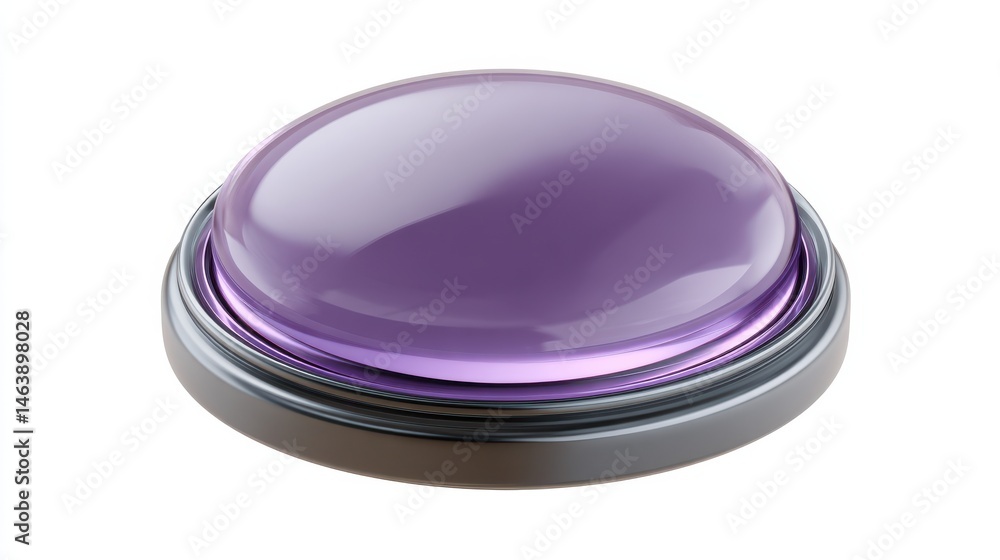 Poster a modern minimalist digital button in a vibrant purple color with a glossy sleek surface and a glowi