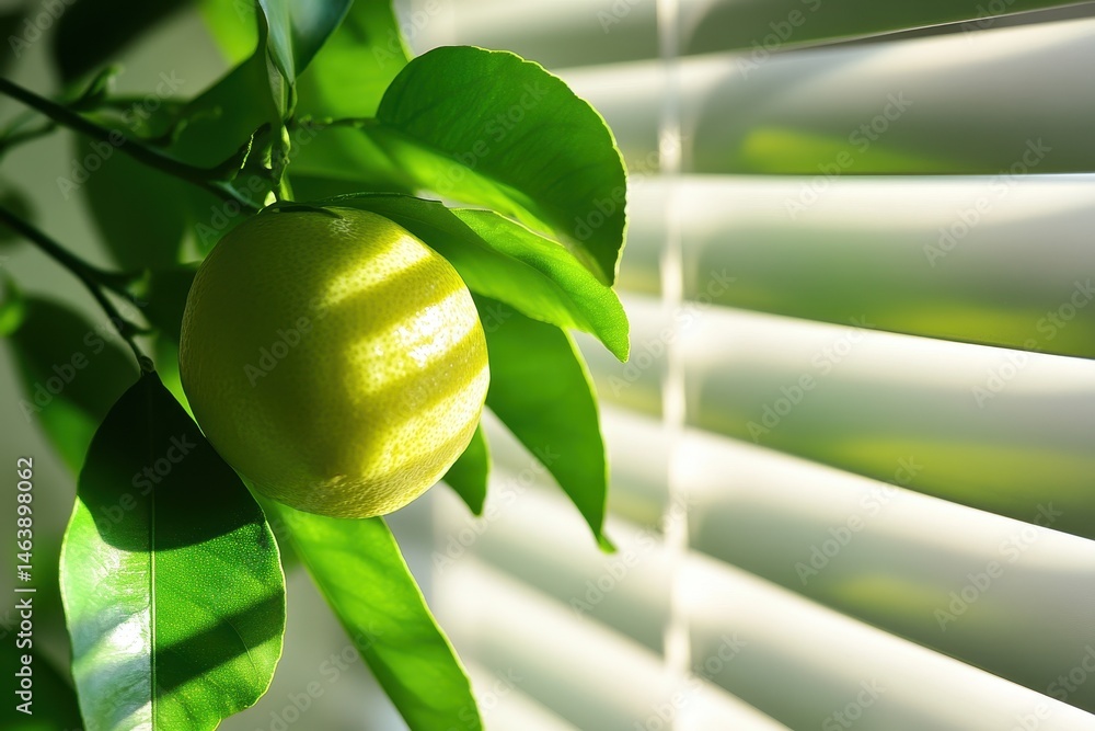 Poster close up of a lemon growing on a tree with sunlight streaming in. use this image for themes like fre