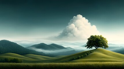 Serene pastel landscape with rolling hills and wispy clouds