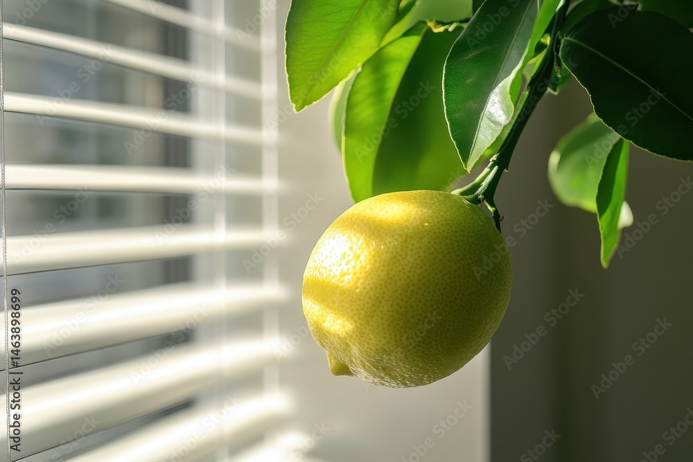 Poster bright lemon hangs on a tree branch near window blinds with natural light. use this image for articl