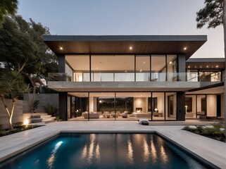 Fototapeta premium A modern luxury home exterior design featuring clean lines