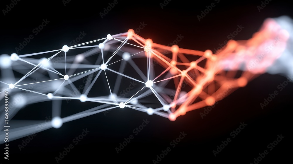 Poster abstract glowing hand with interconnected lines and nodes.