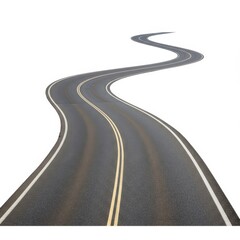 Winding asphalt road with yellow lines, isolated on white background