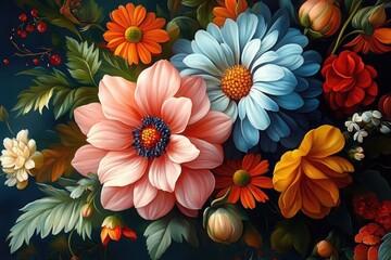 Floral Arrangement Colorful Variety of Spring Flowers with Leaves and Buds on Dark Field