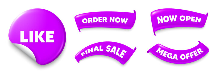 Like purple sticker, Sale offer ribbons. Final sale, Order now. Like tag. Social media message. Favorite or Awesome notification. Sticker badge. Flag ribbon banners. Discount offer banners. Vector