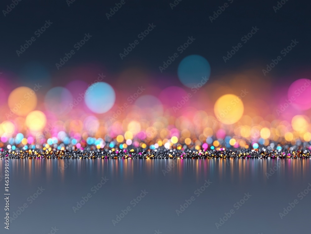 Poster colorful bokeh lights reflecting on a surface in a soft-focus setting.