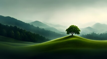Tranquil countryside landscape with rolling hills and a solitary tree