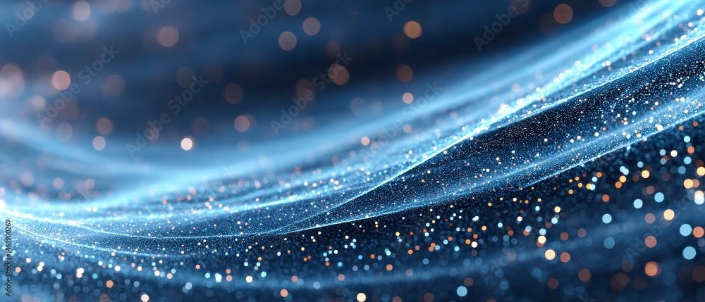 Poster abstract blue background with sparkling bokeh effects.