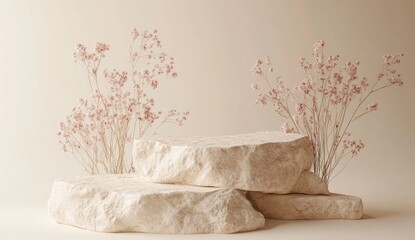 Cream Colored Stone Display with Pink Flowers