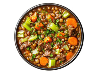 Hearty lentil soup with beef and vegetables