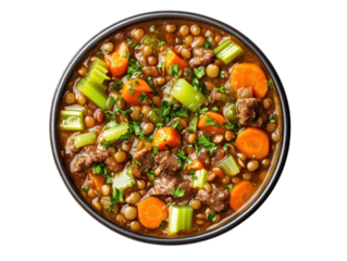 Hearty lentil soup with beef and vegetables