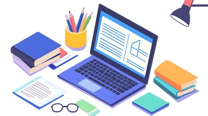 Digital illustration of a workspace featuring a laptop, books, pencils, and glasses on a desk.