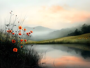 Tranquil pastel landscape with a serene meadow and lake