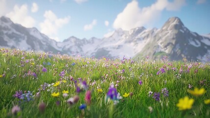 Obraz premium Vibrant Wildflower Meadow Against Majestic Mountain Range