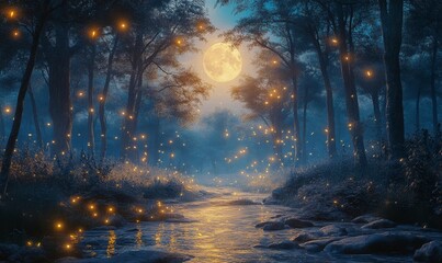 magical moonlit forest where glowing fireflies hover above a crystal-clear stream surrounded by ancient trees, Generative AI