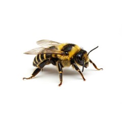 A bumble bee with yellow and black stripes isolated on white background