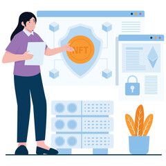 A woman explaining a blockchain-based shield system for NFT protection.