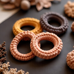 macro shot of handmade crochet hair ties presented in an overhead flat-lay with cozy tones 