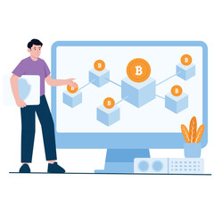 Blockchain technology.  Vector illustration of A man explaining how Bitcoin transactions flow through a blockchain network. Isolated on background