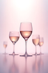 Fototapeta premium lineup of uniquely shaped wine glasses in crystal clarity, displayed in a gradient background transitioning from soft pink to white, creating harmony 