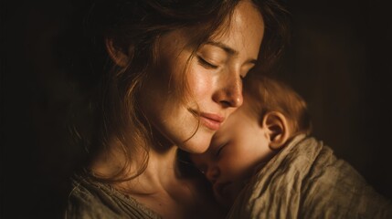 A mother in a calm and nurturing pose, holding her baby close with love and care.