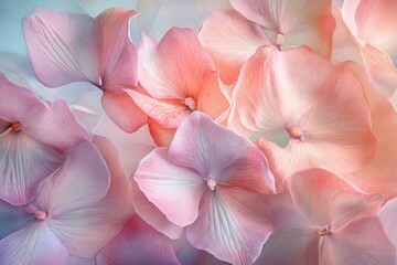 Fototapeta premium Pastel pink and purple hydrangea blossoms create a soft, dreamy floral pattern. Use it for backgrounds, textures, and feminine designs for a soft look.