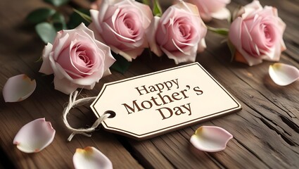 Roses and Happy Mother's Day card on wooden surface. Pink roses with tag for Mother's Day celebration. Roses and petals on wooden background