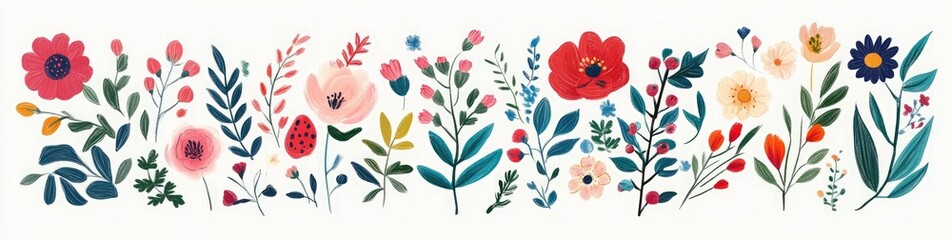 Floral with Bright Flowers, Leaves, and Berries on White Background