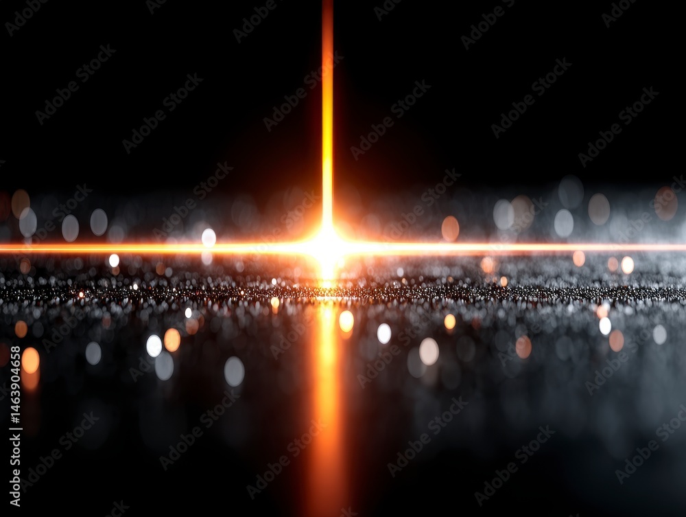 Poster bright light beam with sparkling bokeh effect on a dark background.