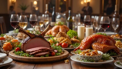 roasted lamb and chiken chops with potatoes in a dinner table