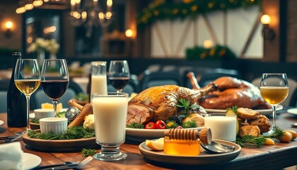 roasted lamb and chiken chops with potatoes in a dinner table