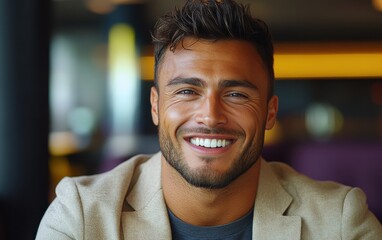 Obraz premium A man with a beard and a smile is sitting in a restaurant