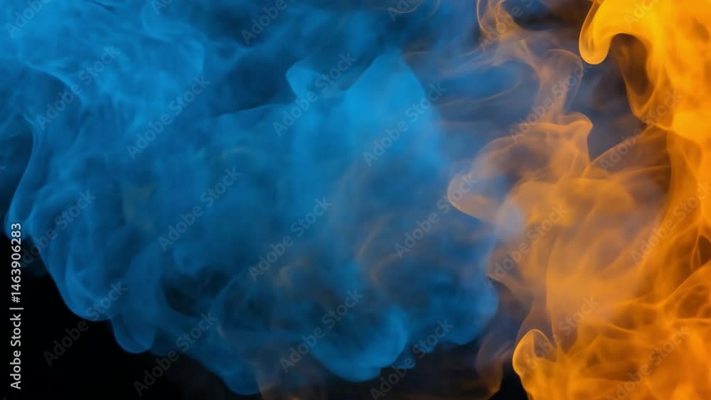 Poster colors in motion: vivid hues of blue and gold dance in the air, creating an abstract composition tha