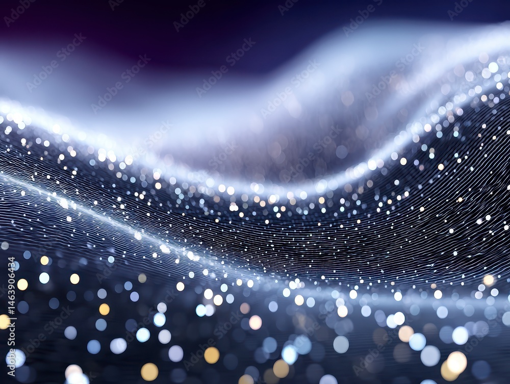 Poster abstract light patterns create a serene, wave-like effect.