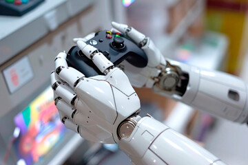 Close-up of a humanoid robot holding a gaming controller, immersed in a video game. A futuristic fusion of technology, entertainment, and artificial intelligence in a modern setting