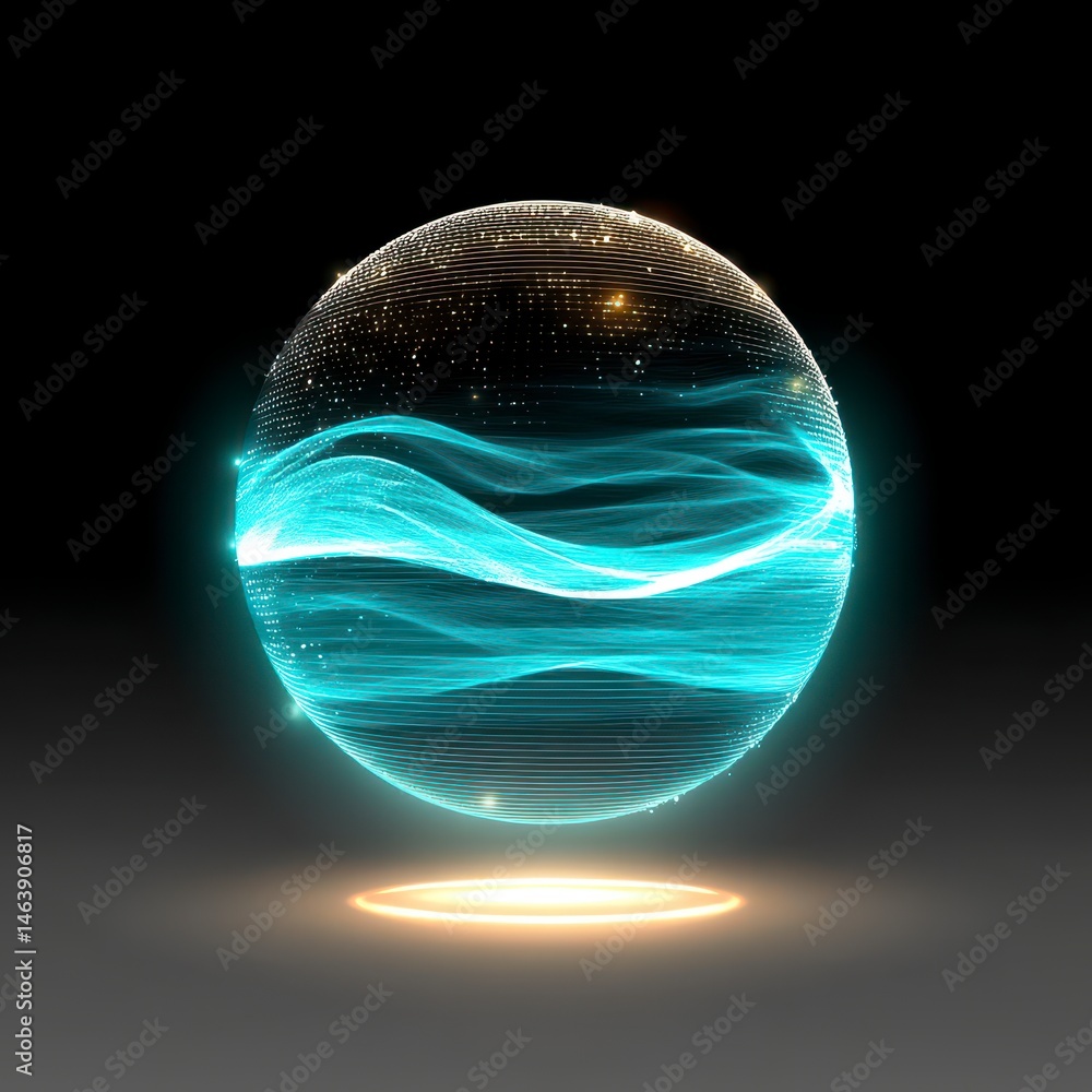 Poster abstract glowing sphere with flowing lines in a dark background.