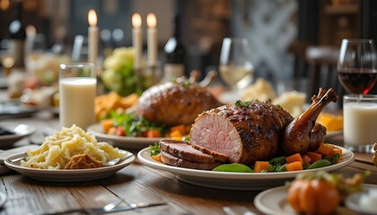 roasted lamb and chiken chops with potatoes in a dinner table