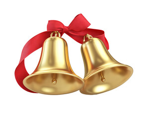 a pair of gold bells with a red ribbon