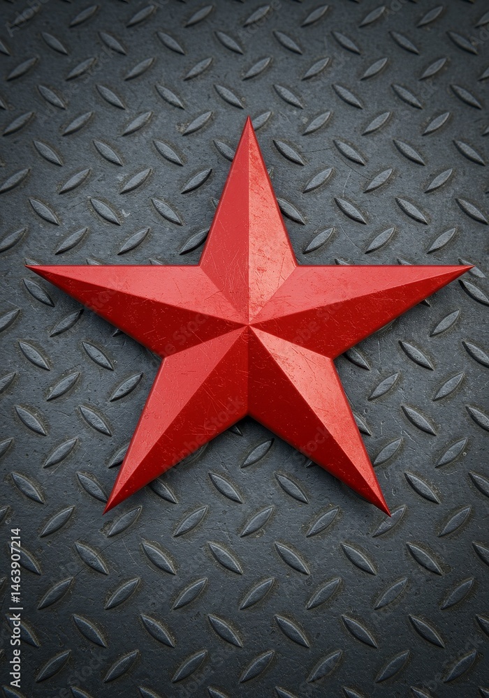Poster five pointed red star on dark textured metallic background