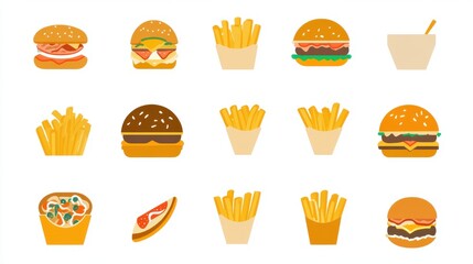 Assortment of burgers french fries pizza and a drink on a white background in a flat style design