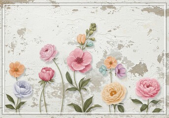 Floral Array on White Grunge Texture Background in a White Frame