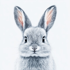 Obraz premium cute rabbit with soft gray fur and large expressive eyes, set against clean white background, evokes sense of calm and innocence. This adorable animal captures attention with its charming features